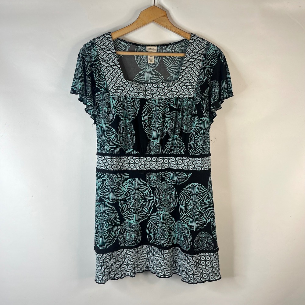 Venezia Tunic Top Womens 22/24 Black Teal Medallion Flutter Sleeve Tie Back